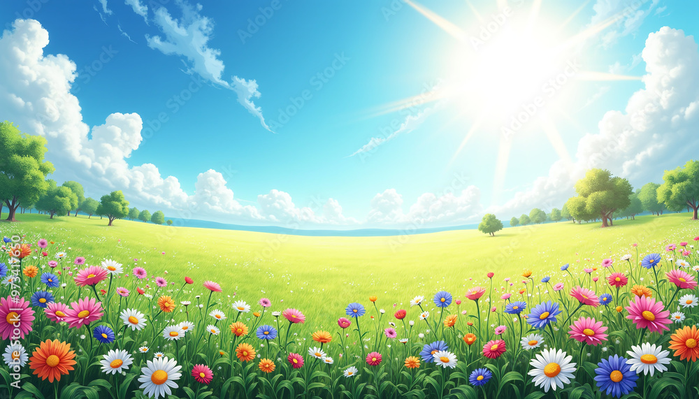 a beautiful spring day with flowers and trees in the fore a beautiful spring day with flowers and trees in the fore