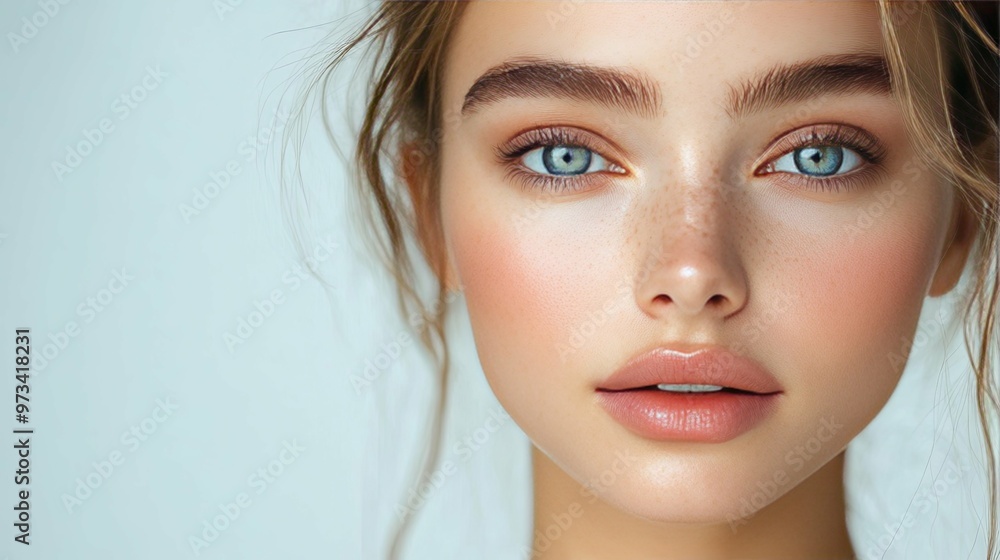 Close-up Portrait of a Woman with Freckles and Blue Eyes Close-up Portrait of a Woman with Freckles and Blue Eyes