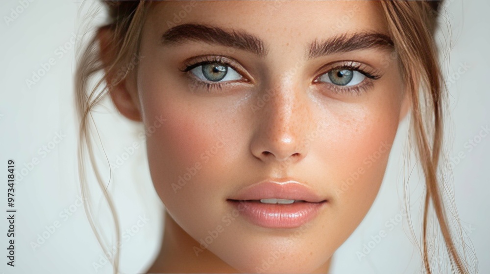 Close-up portrait of a woman with freckles and blue eyes Close-up portrait of a woman with freckles and blue eyes