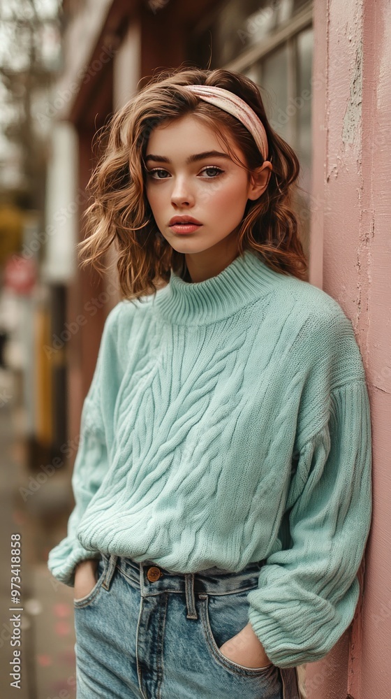 Portrait of a Young Woman Wearing a Mint Green Knit Sweater and Jeans Portrait of a Young Woman Wearing a Mint Green Knit Sweater and Jeans