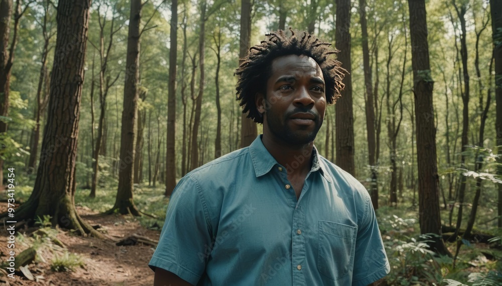 Black man tourist in wild park, take a breath in nature, garden and workout. African-American male Black man tourist in wild park, take a breath in nature, garden and workout. African-American male