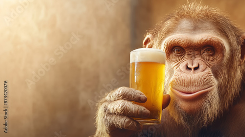 A monkey enjoying a cold beer in a warm pub atmosphere