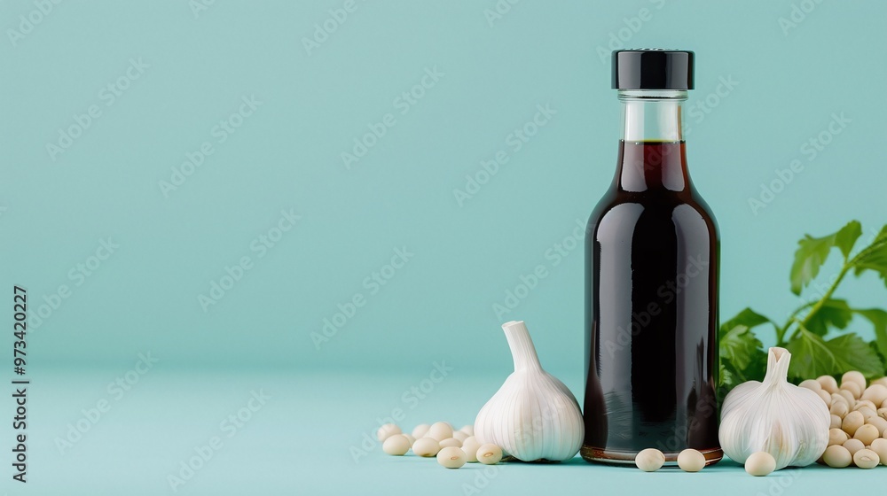 Dark soy sauce bottle with fresh garlic and soybeans on a light teal background. Perfect for Asian cuisine marketing, recipe blogs, and banners with copy space in a clean, minimalist layout for produc Dark soy sauce bottle with fresh garlic and soybeans on a light teal background. Perfect for Asian cuisine marketing, recipe blogs, and banners with copy space in a clean, minimalist layout for produc
