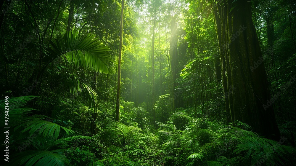 Sunbeams Through Dense, Lush Jungle Canopy Sunbeams Through Dense, Lush Jungle Canopy