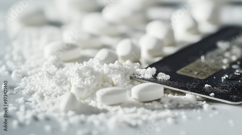 Close-up of white powder and pills on a surface with a credit card, representing the concept of drug abuse or illegal substances