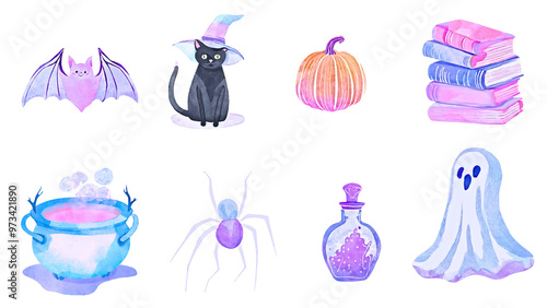 pastel halloween images set of 8 pngs cat bat pumpkin books cauldron spider potion bottle ghost transparent background  photo