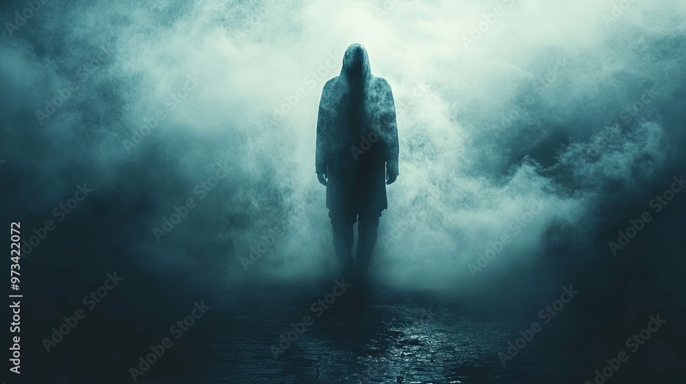 Silhouette of a hooded figure standing in a thick fog Silhouette of a hooded figure standing in a thick fog