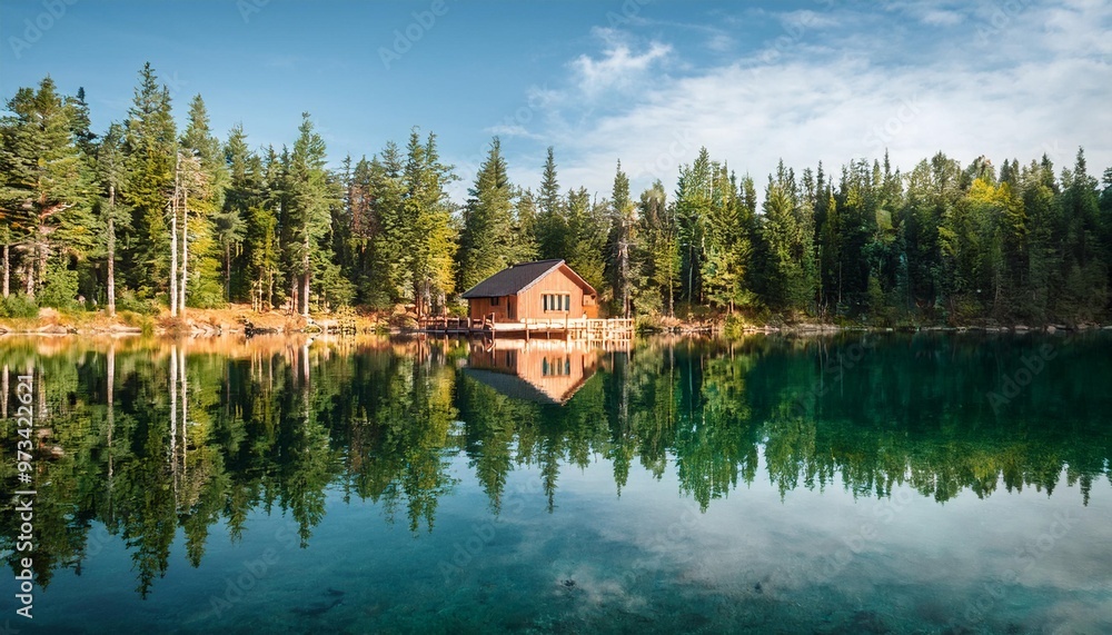 Fototapeta premium Serene Lakeside Cabin Reflected in Crystal Clear Waters, Surrounded by Pines