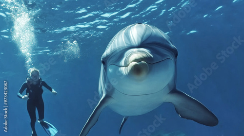 Dolphin swimming underwater toward the camera with a diver in the background and bubbles rising to the surface photo