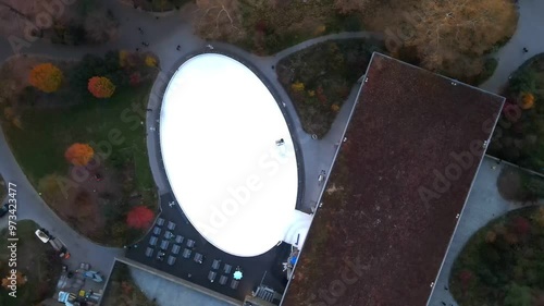 Aerial top down of Prospect Park ice skating rink Brooklyn during fall in New York City