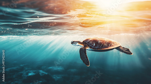 Sea turtle swimming near ocean surface with sunlight streaming through water creating a serene underwater scene photo