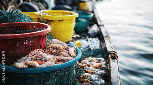 Baskets filled with freshly caught shrimp on a fishing boat by the sea, highlighting the seafood harvest and fishing industry photo