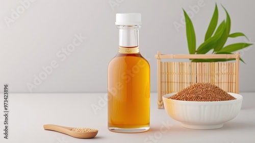 Premium sesame oil in a glass bottle with sesame seeds and bamboo accents on a white background. Ideal for natural product marketing, banners, recipe blogs, and food branding with ample copy space in 