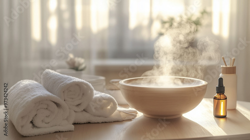 A steam inhalation setup with a bowl of hot water emitting steam, placed on a table. Nearby are a towel, vapor rub, and essential oils, all used to relieve congestion through steam therapy.