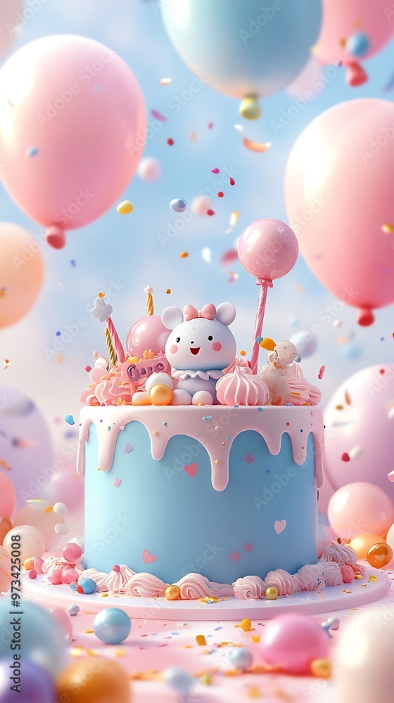 Cute Cartoon Animal on Birthday Cake with Balloons and Confetti Cute Cartoon Animal on Birthday Cake with Balloons and Confetti