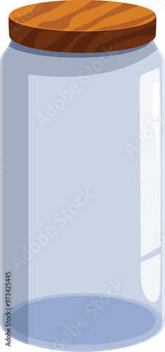 Empty glass jar with a wooden lid is standing up, ready to be filled with something delicious or beautiful