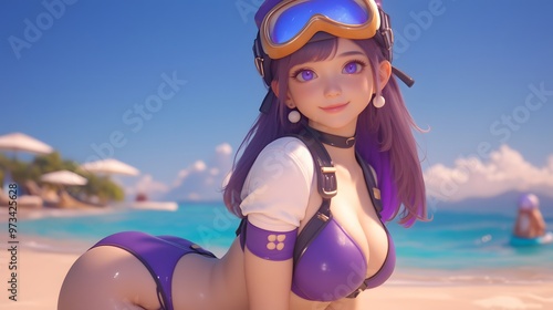 Anime Girl in Purple Bikini on the Beach. photo