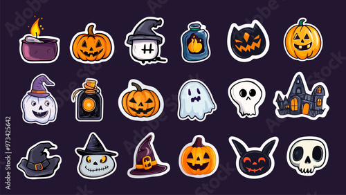 Halloween cartoon stickers. Jack lanterns pumpkins, horror ghost head with sorcerer hat skull candle castle skittish monster face october holiday party set vector illustration