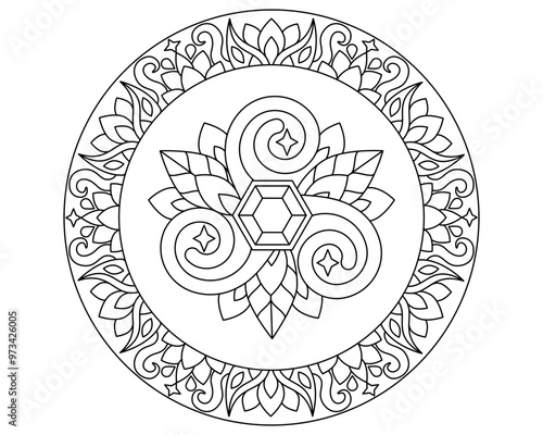 Mandala of crystals, celtic symbols and plants, sacred geometry - vector linear picture for coloring. Outline. Circular ornament for coloring book