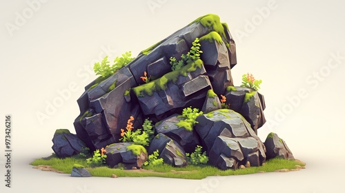 Cartoon Rock Formation with Moss and Flowers.