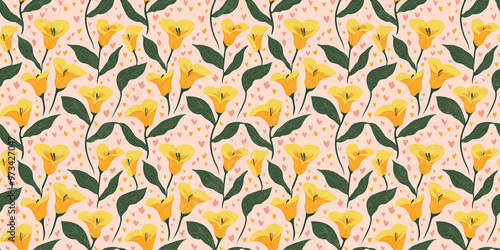 seamless pattern of bright yellow calalilies with mint green leaves on a blush pink heart-patterned background photo