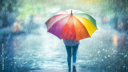 April showers person holding a colorful umbrella