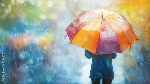 April showers person holding a colorful umbrella