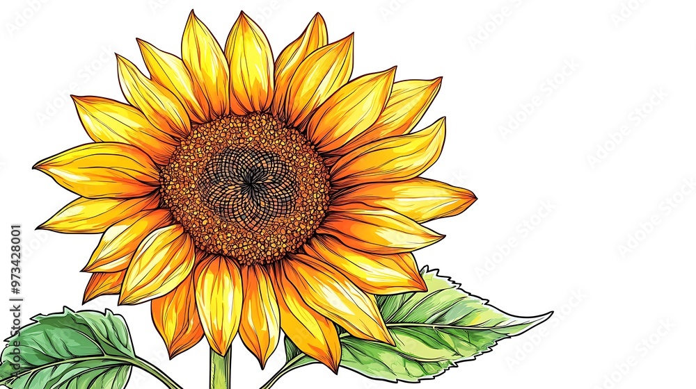 Fototapeta premium A vector drawing of a sunflower with bold outlines and detailed seeds, rendered in sharp focus on a white background