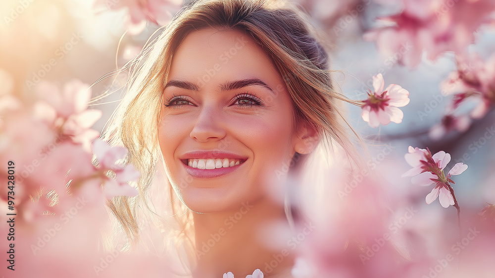 Spring blossoms woman surrounded by cherry blossoms in full bloom Spring blossoms woman surrounded by cherry blossoms in full bloom