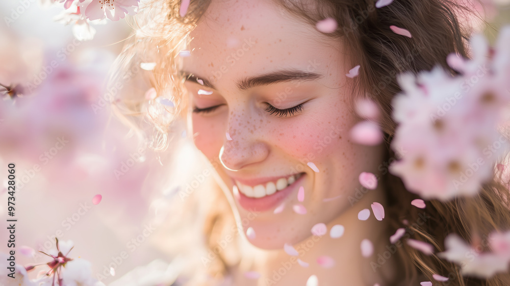 Spring blossoms woman surrounded by cherry blossoms in full bloom Spring blossoms woman surrounded by cherry blossoms in full bloom