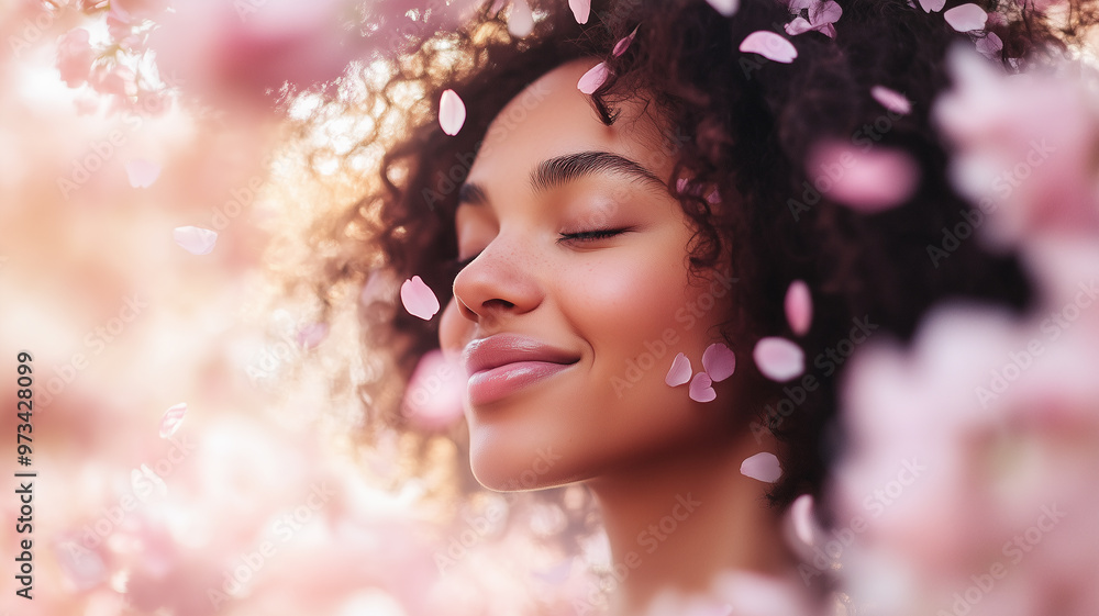 Spring blossoms woman surrounded by cherry blossoms in full bloom Spring blossoms woman surrounded by cherry blossoms in full bloom