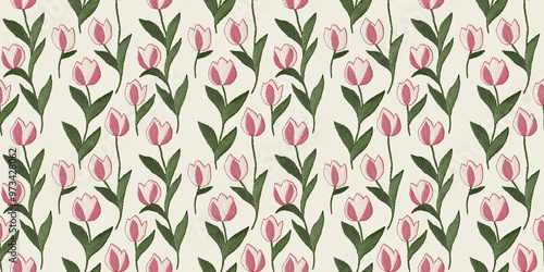 seamless minimalistic embroidery pattern of tulips, each with three pink petals and a few leaves, on a plain cream background