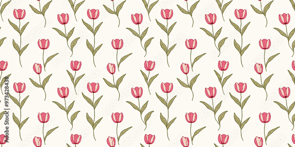 seamless minimalistic embroidery pattern of tulip flowers, each with three pink petals and a few leaves, on a plain ivory background seamless minimalistic embroidery pattern of tulip flowers, each with three pink petals and a few leaves, on a plain ivory background