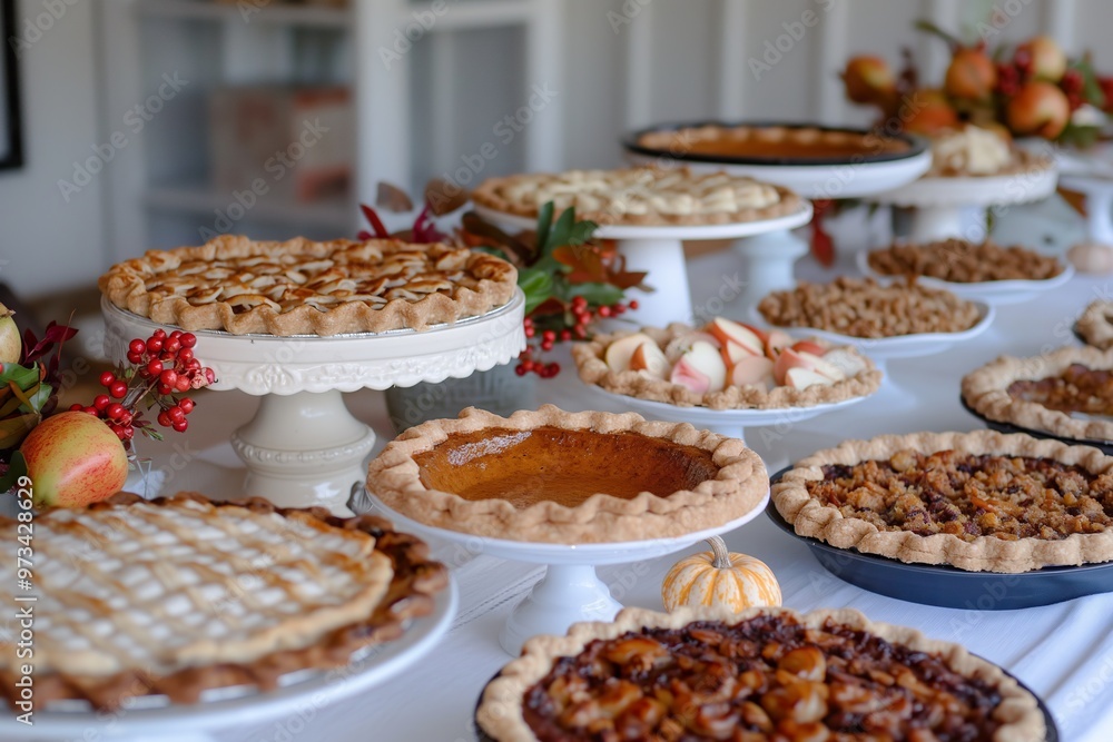 A festive display of assorted pies on elegant tables, perfect for a holiday gathering and delicious family moments A festive display of assorted pies on elegant tables, perfect for a holiday gathering and delicious family moments