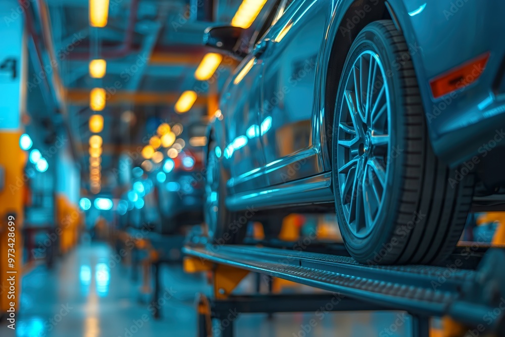 A car elevated on a lift for maintenance at a service center with blue lighting and a busy workshop in the background A car elevated on a lift for maintenance at a service center with blue lighting and a busy workshop in the background