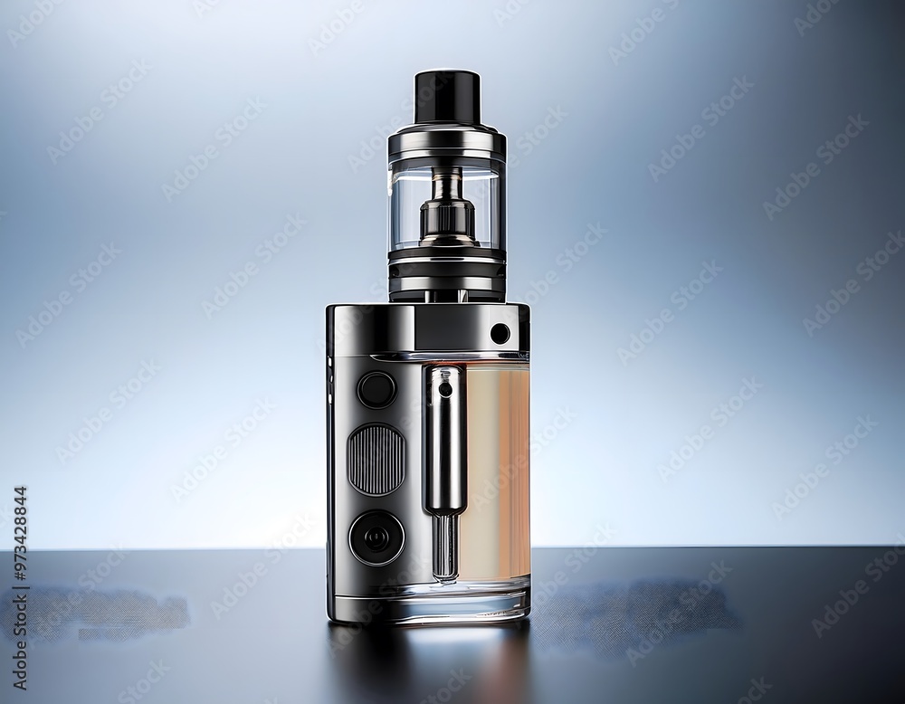A sleek modern vape device with a clear tank of e-liquid A sleek modern vape device with a clear tank of e-liquid