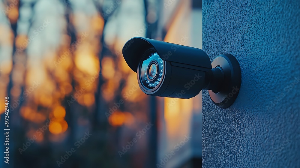 Security camera on blue wall with blurred background. Concept of home security, surveillance, safety, privacy, and technology. Security camera on blue wall with blurred background. Concept of home security, surveillance, safety, privacy, and technology.