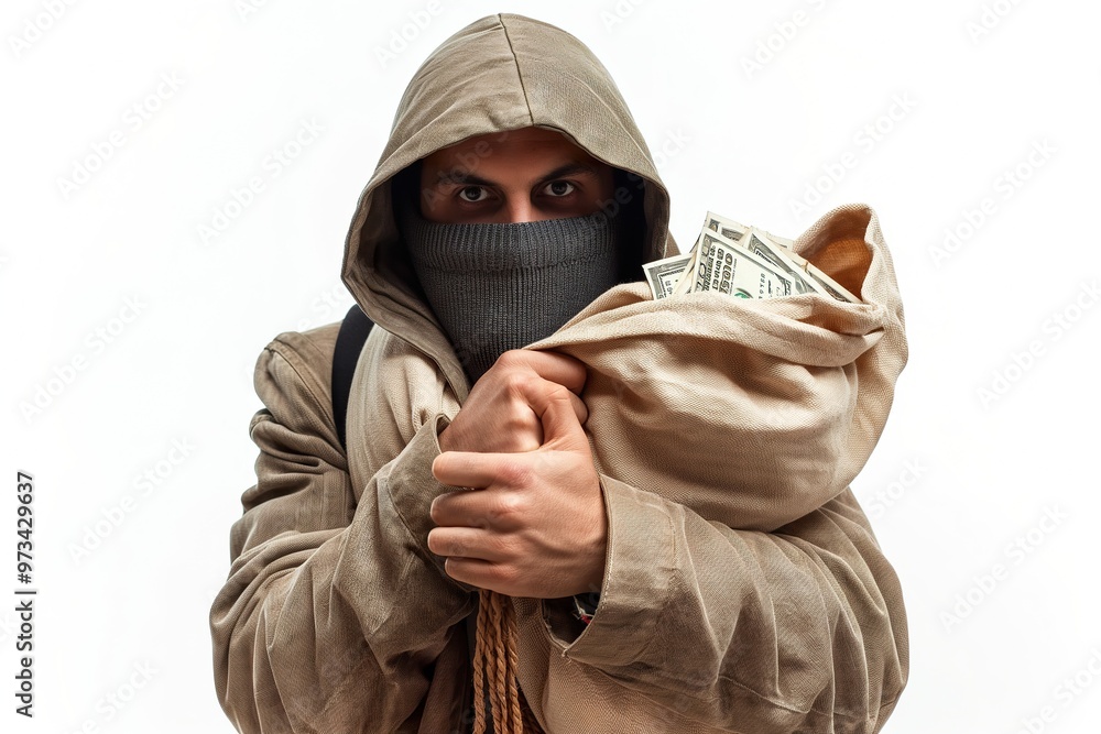 A masked individual carries a full bag of cash while standing against a white background, suggesting a shady transaction or theft