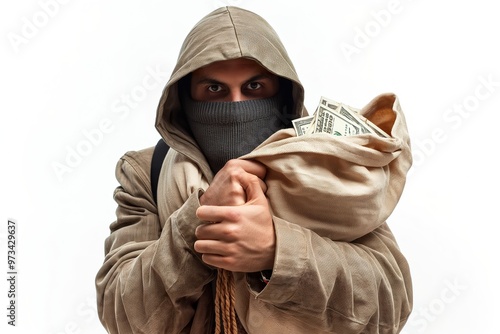 A masked individual carries a full bag of cash while standing against a white background, suggesting a shady transaction or theft photo