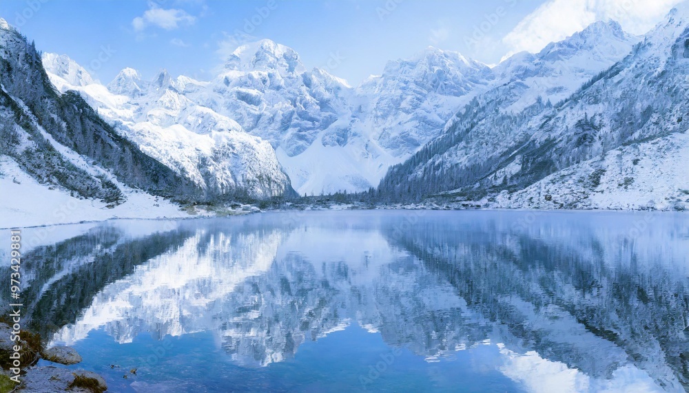 Obraz premium Snow-capped peaks reflected in a tranquil alpine lake during winter