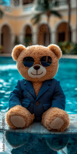 Stylish teddy bear with sunglasses by a turquoise pool, capturing a moment of relaxed sophistication and playful luxury. photo