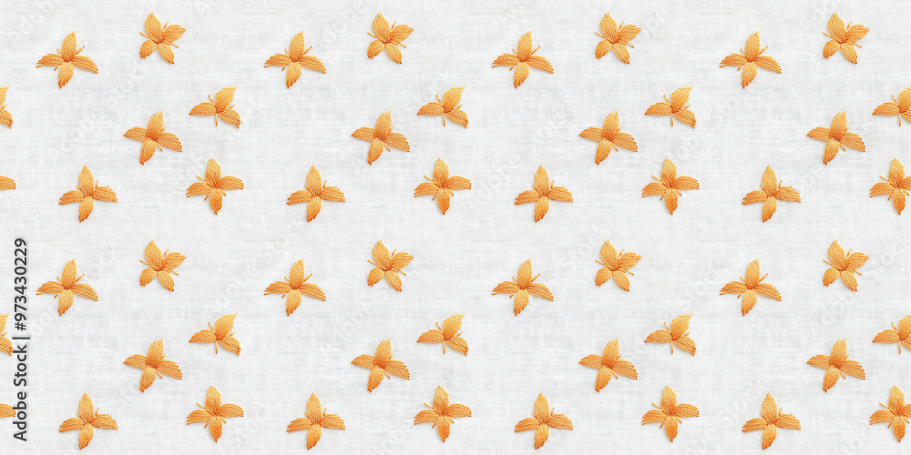 seamless minimalistic embroidery pattern of small soft orange lily motifs, on a plain white linen seamless minimalistic embroidery pattern of small soft orange lily motifs, on a plain white linen