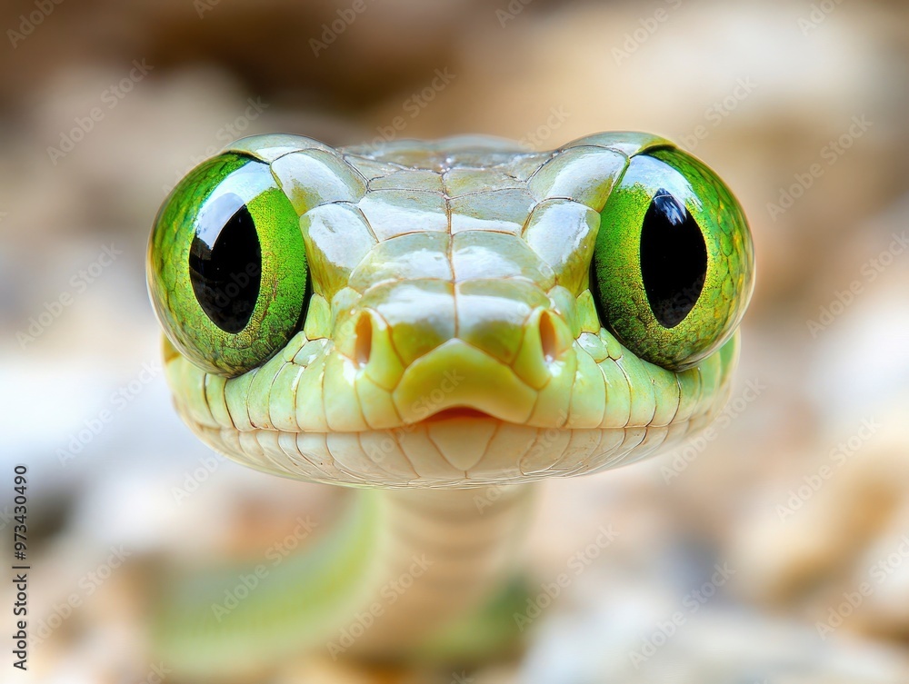 Fototapeta premium Funny cute snake with big green eyes