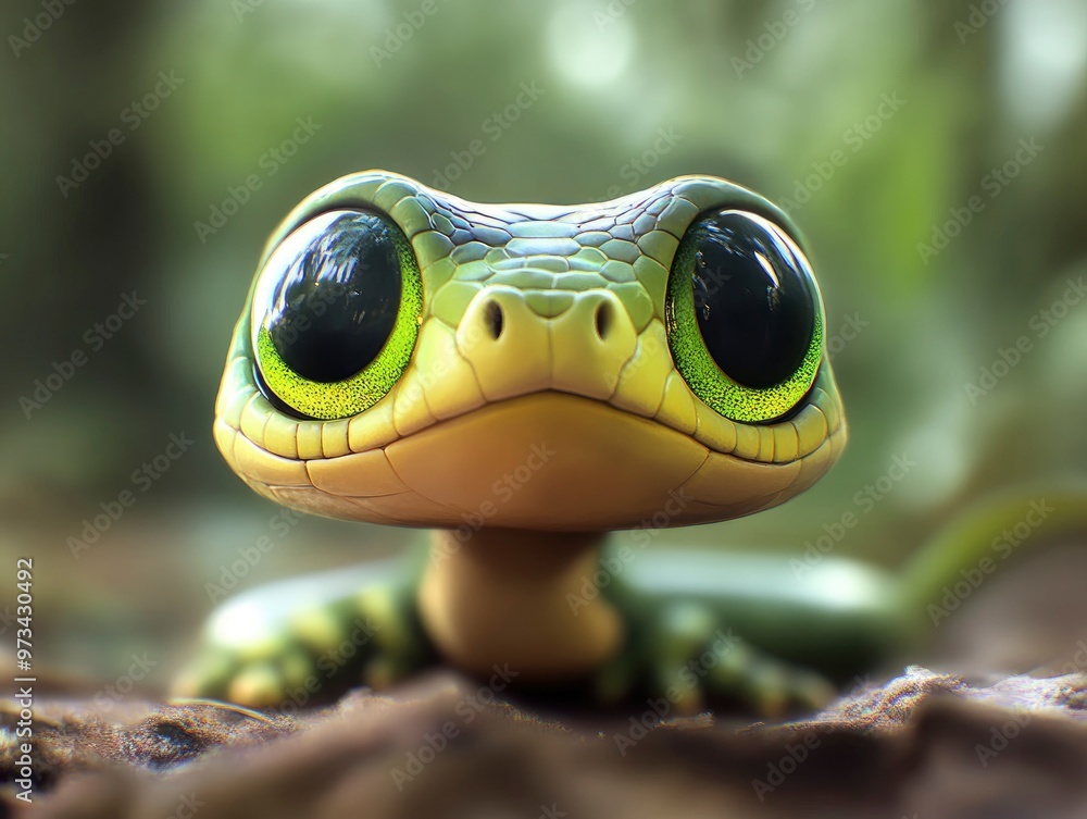 Obraz premium Funny cute snake with big green eyes 