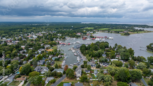 Late summer, early fall aerial, drone, photo of the St Michaels Maryland skyline and the Chesapeake Bay. September 2024.