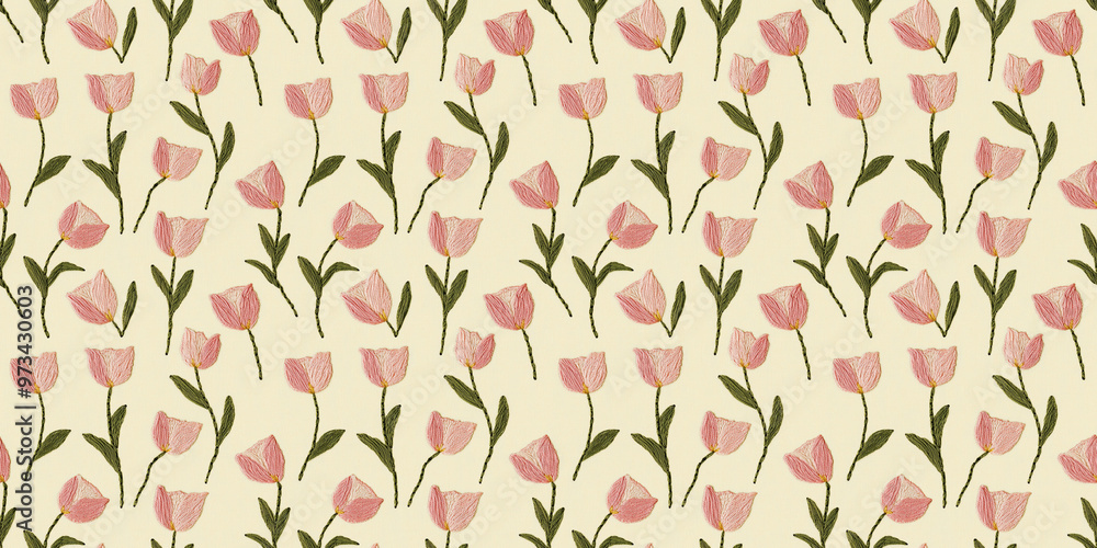 seamless minimalistic embroidery pattern of small soft pink tulips, on a plain light yellow fabric seamless minimalistic embroidery pattern of small soft pink tulips, on a plain light yellow fabric