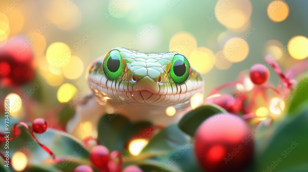 Funny cute snake with big green eyes on festive background Funny cute snake with big green eyes on festive background