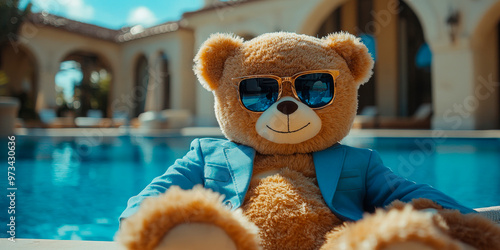 Stylish teddy bear with sunglasses by a turquoise pool, capturing a moment of relaxed sophistication and playful luxury. photo