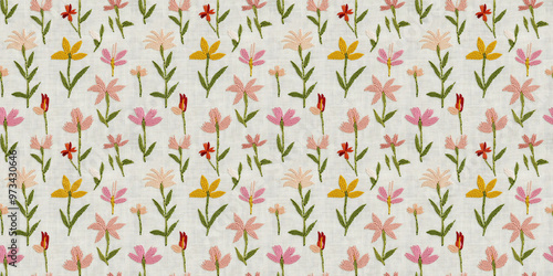 seamless minimalistic embroidery pattern of small lilies, on a plain white linen