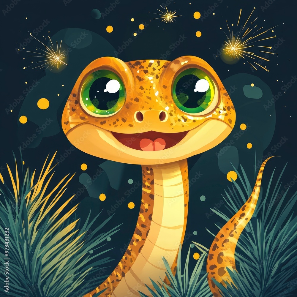Fototapeta premium Funny cute snake with big green eyes on new year background, cartoon style